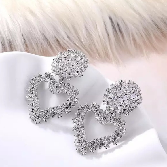 Silver Tone Heart Drop Earrings - Picture 3 of 4